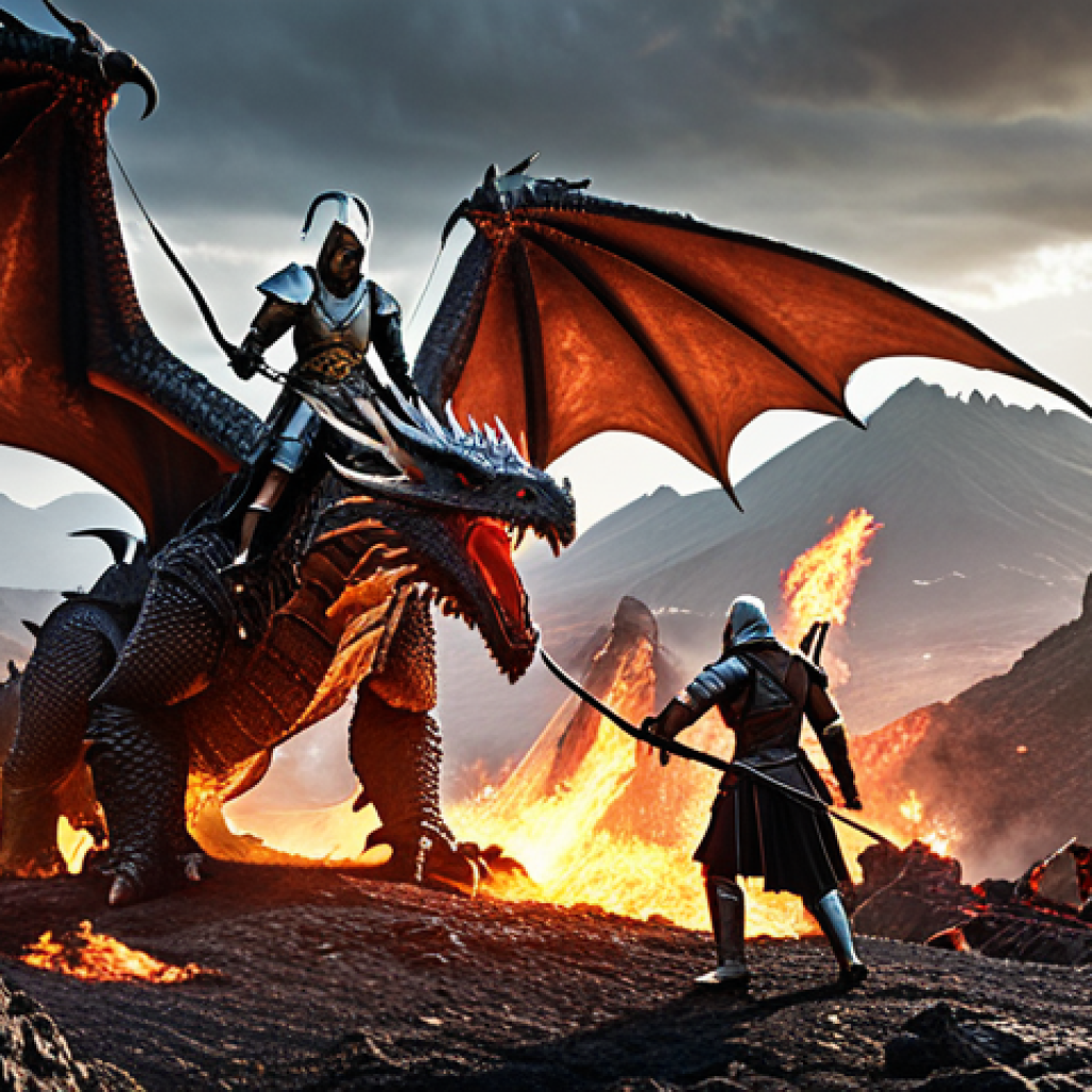 **Image Prompt:** A group of adventurers in ornate, medieval-inspired armor, battling a large dragon in a volcanic landscape. Focus on the dynamic action and the variety of character classes (Knight, Archer, Mage) working together. Dramatic lighting and magical effects.