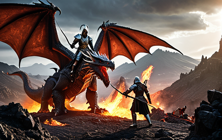 **Image Prompt:** A group of adventurers in ornate, medieval-inspired armor, battling a large dragon in a volcanic landscape. Focus on the dynamic action and the variety of character classes (Knight, Archer, Mage) working together. Dramatic lighting and magical effects.