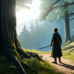 A young human adventurer, fully clothed in modest, sturdy leather and cloth attire, stands at the edge of a vast, mystical forest. The character holds a simple, well-worn sword, looking out with a mix of wonder and slight apprehension at the sprawling fantasy landscape. Sunlight filters through ancient trees, illuminating a winding path. The scene conveys a sense of discovery and the beginning of a grand journey. Perfect anatomy, correct proportions, natural pose, well-formed hands, proper finger count, natural body proportions, safe for work, appropriate content, fully clothed, family-friendly, professional photography, high quality, cinematic.