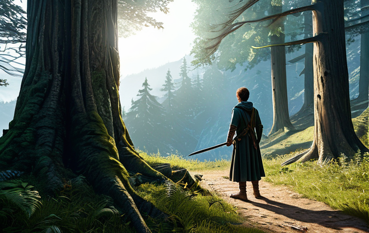 A young human adventurer, fully clothed in modest, sturdy leather and cloth attire, stands at the edge of a vast, mystical forest. The character holds a simple, well-worn sword, looking out with a mix of wonder and slight apprehension at the sprawling fantasy landscape. Sunlight filters through ancient trees, illuminating a winding path. The scene conveys a sense of discovery and the beginning of a grand journey. Perfect anatomy, correct proportions, natural pose, well-formed hands, proper finger count, natural body proportions, safe for work, appropriate content, fully clothed, family-friendly, professional photography, high quality, cinematic.
