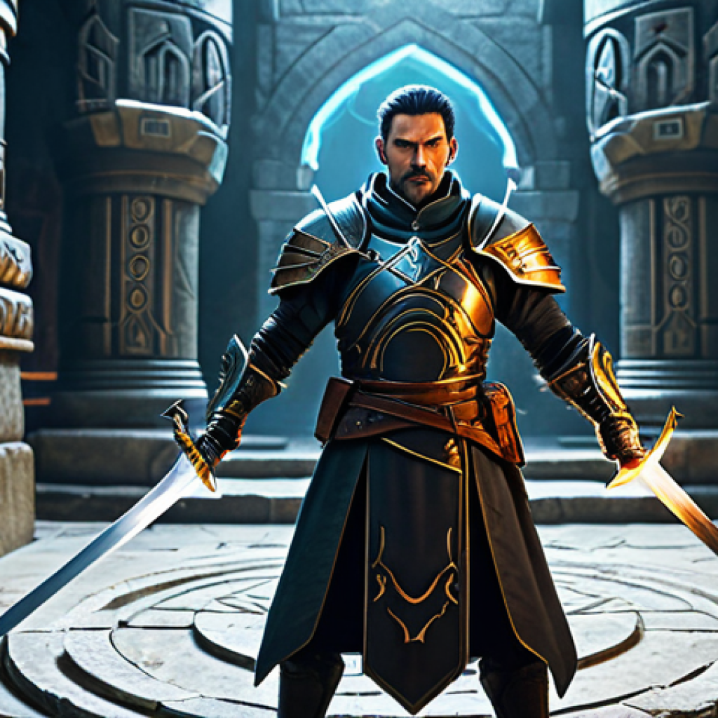 A professional Lineage warrior, fully clothed in intricate, modest fantasy armor, stands in a grand, illuminated arena. The character holds a legendary, non-threatening sword, positioned in a natural pose, exuding intense focus and tactical preparation. Abstract, swirling energy effects subtly emanate, indicating advanced strategic skills rather than direct combat. The background features ancient stone architecture and glowing magical glyphs, suggesting a training ground. Perfect anatomy, correct proportions, well-formed hands, proper finger count, natural body proportions. Professional fantasy art, high quality, safe for work, appropriate content, fully clothed, professional.
