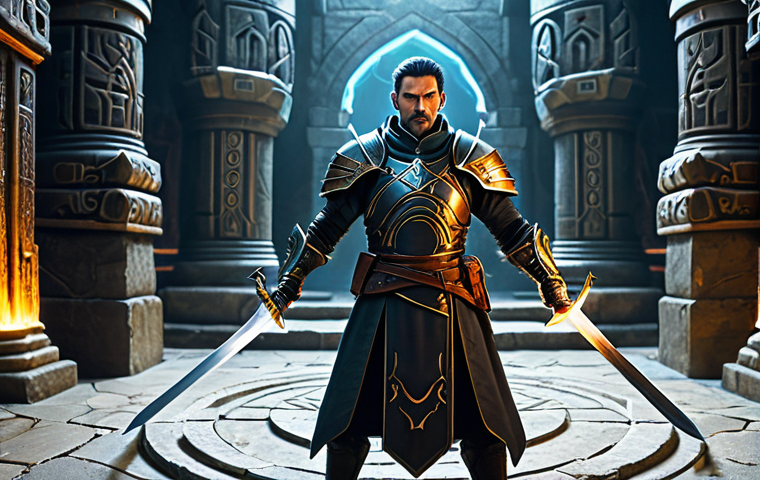 A professional Lineage warrior, fully clothed in intricate, modest fantasy armor, stands in a grand, illuminated arena. The character holds a legendary, non-threatening sword, positioned in a natural pose, exuding intense focus and tactical preparation. Abstract, swirling energy effects subtly emanate, indicating advanced strategic skills rather than direct combat. The background features ancient stone architecture and glowing magical glyphs, suggesting a training ground. Perfect anatomy, correct proportions, well-formed hands, proper finger count, natural body proportions. Professional fantasy art, high quality, safe for work, appropriate content, fully clothed, professional.