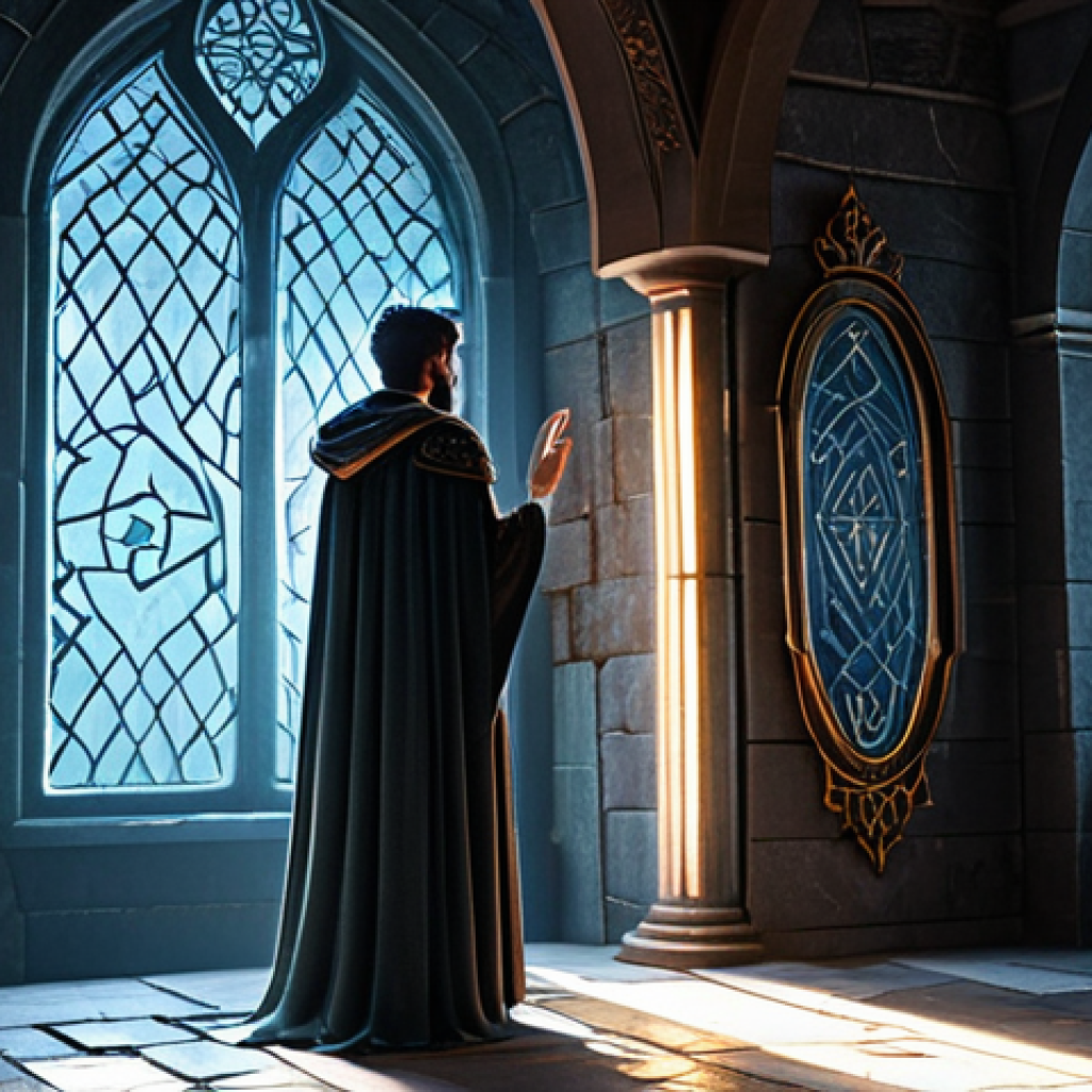 A stoic fantasy RPG character, standing before a shimmering magical mirror, observing their reflection. The character is portrayed in the process of a subtle, positive identity shift, with their reflection showing a slightly altered, confident form. They are fully clothed in professional, modest fantasy armor, featuring intricate details and a flowing cape, appropriate for an adventurer. The setting is an ancient, mystical chamber, softly illuminated by ethereal light filtering through ornate windows, with glowing runes adorning the stone walls and floor. The atmosphere is contemplative and magical. perfect anatomy, correct proportions, natural pose, well-formed hands, proper finger count, natural body proportions, professional photography, high quality, safe for work, appropriate content, fully clothed, professional.