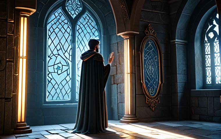 A stoic fantasy RPG character, standing before a shimmering magical mirror, observing their reflection. The character is portrayed in the process of a subtle, positive identity shift, with their reflection showing a slightly altered, confident form. They are fully clothed in professional, modest fantasy armor, featuring intricate details and a flowing cape, appropriate for an adventurer. The setting is an ancient, mystical chamber, softly illuminated by ethereal light filtering through ornate windows, with glowing runes adorning the stone walls and floor. The atmosphere is contemplative and magical. perfect anatomy, correct proportions, natural pose, well-formed hands, proper finger count, natural body proportions, professional photography, high quality, safe for work, appropriate content, fully clothed, professional.