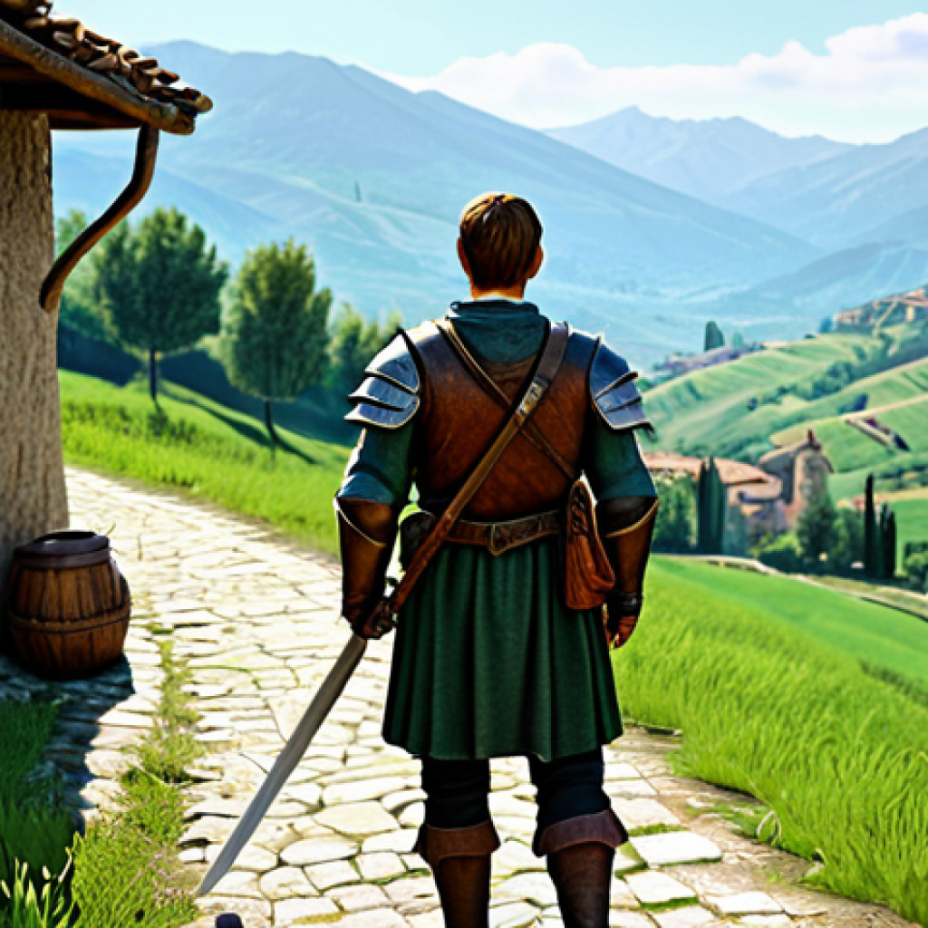 A Beginner's First Steps** Prompt: "A young adventurer, fully clothed in simple but functional leather armor, stands at the entrance of a medieval Italian village. He is looking out at a vast, green landscape filled with rolling hills. The scene is bright and welcoming, showcasing the possibilities of adventure. He holds a simple wooden sword. In the background, friendly NPCs can be seen going about their daily lives. Perfect anatomy, correct proportions, family-friendly, appropriate content, safe for work, professional fantasy illustration, dynamic lighting, high detail, fully clothed." **