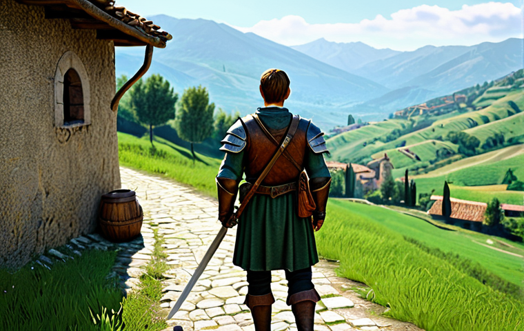 A Beginner's First Steps** Prompt: "A young adventurer, fully clothed in simple but functional leather armor, stands at the entrance of a medieval Italian village. He is looking out at a vast, green landscape filled with rolling hills. The scene is bright and welcoming, showcasing the possibilities of adventure. He holds a simple wooden sword. In the background, friendly NPCs can be seen going about their daily lives. Perfect anatomy, correct proportions, family-friendly, appropriate content, safe for work, professional fantasy illustration, dynamic lighting, high detail, fully clothed." **