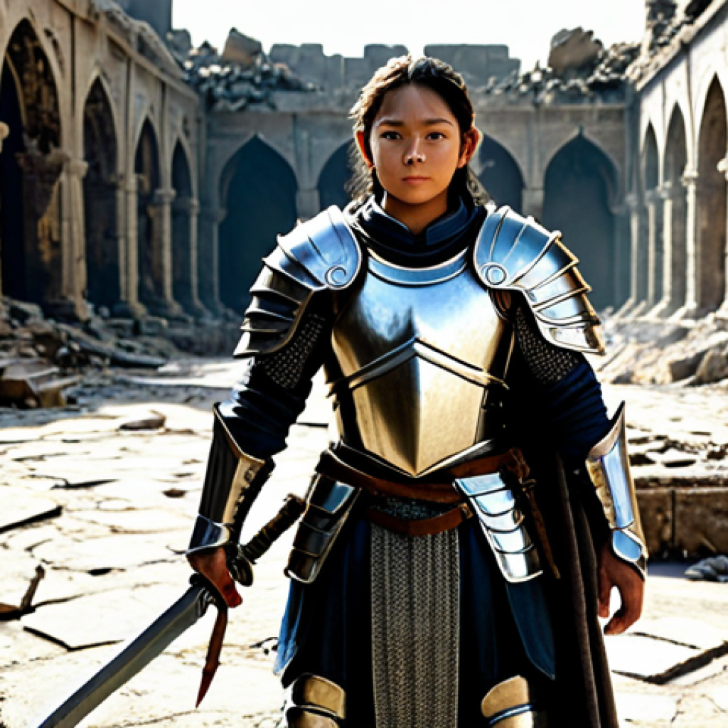 ** "A brave warrior, fully clothed in shining, modest plate armor, stands triumphantly amidst the ruins of Giran, safe for work, appropriate content, holding a newly discovered sword, perfect anatomy, correct proportions, natural pose, well-formed hands, proper finger count, natural body proportions, professional fantasy art, high quality." **