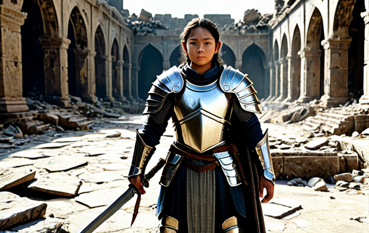 ** "A brave warrior, fully clothed in shining, modest plate armor, stands triumphantly amidst the ruins of Giran, safe for work, appropriate content, holding a newly discovered sword, perfect anatomy, correct proportions, natural pose, well-formed hands, proper finger count, natural body proportions, professional fantasy art, high quality." **