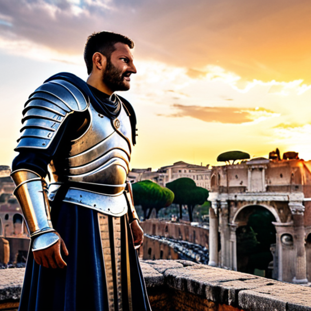 ** A seasoned Italian warrior, clad in shining medieval armor (armatura medievale), stands triumphantly atop the Colosseum ruins in Rome. He holds a legendary sword, empowered with a magical aura, signifying a potent buff. The background showcases a breathtaking sunset over the ancient city. Emphasize the strength and resilience of Italian heritage. safe for work, appropriate content, fully clothed, professional, perfect anatomy, natural proportions, fantasy art. **