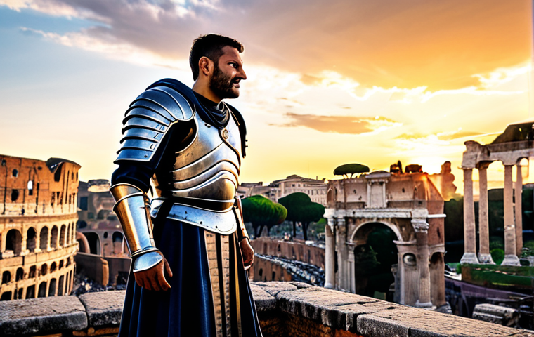 ** A seasoned Italian warrior, clad in shining medieval armor (armatura medievale), stands triumphantly atop the Colosseum ruins in Rome. He holds a legendary sword, empowered with a magical aura, signifying a potent buff. The background showcases a breathtaking sunset over the ancient city. Emphasize the strength and resilience of Italian heritage. safe for work, appropriate content, fully clothed, professional, perfect anatomy, natural proportions, fantasy art. **