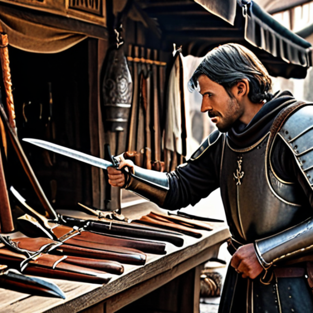 Optimizing Initial Gear** "A determined adventurer, fully clothed in practical, modest leather armor, examining a newly acquired sword at a merchant's stall in a bustling medieval town, safe for work, appropriate content, professional illustration, perfect anatomy, correct proportions, natural pose, well-formed hands, proper finger count, family-friendly." **