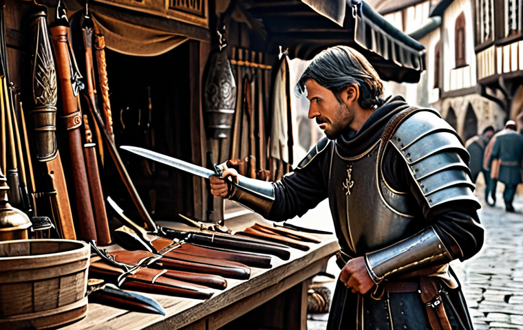 Optimizing Initial Gear** "A determined adventurer, fully clothed in practical, modest leather armor, examining a newly acquired sword at a merchant's stall in a bustling medieval town, safe for work, appropriate content, professional illustration, perfect anatomy, correct proportions, natural pose, well-formed hands, proper finger count, family-friendly." **