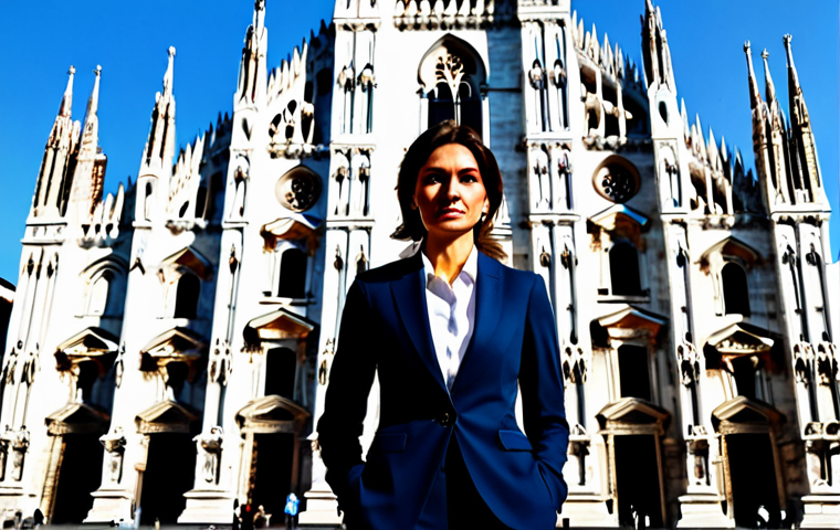 ** "A professional businesswoman in a stylish Italian-designed business suit, standing in front of the Duomo in Milan, fully clothed, appropriate attire, safe for work, perfect anatomy, natural proportions, professional photography, high quality." **