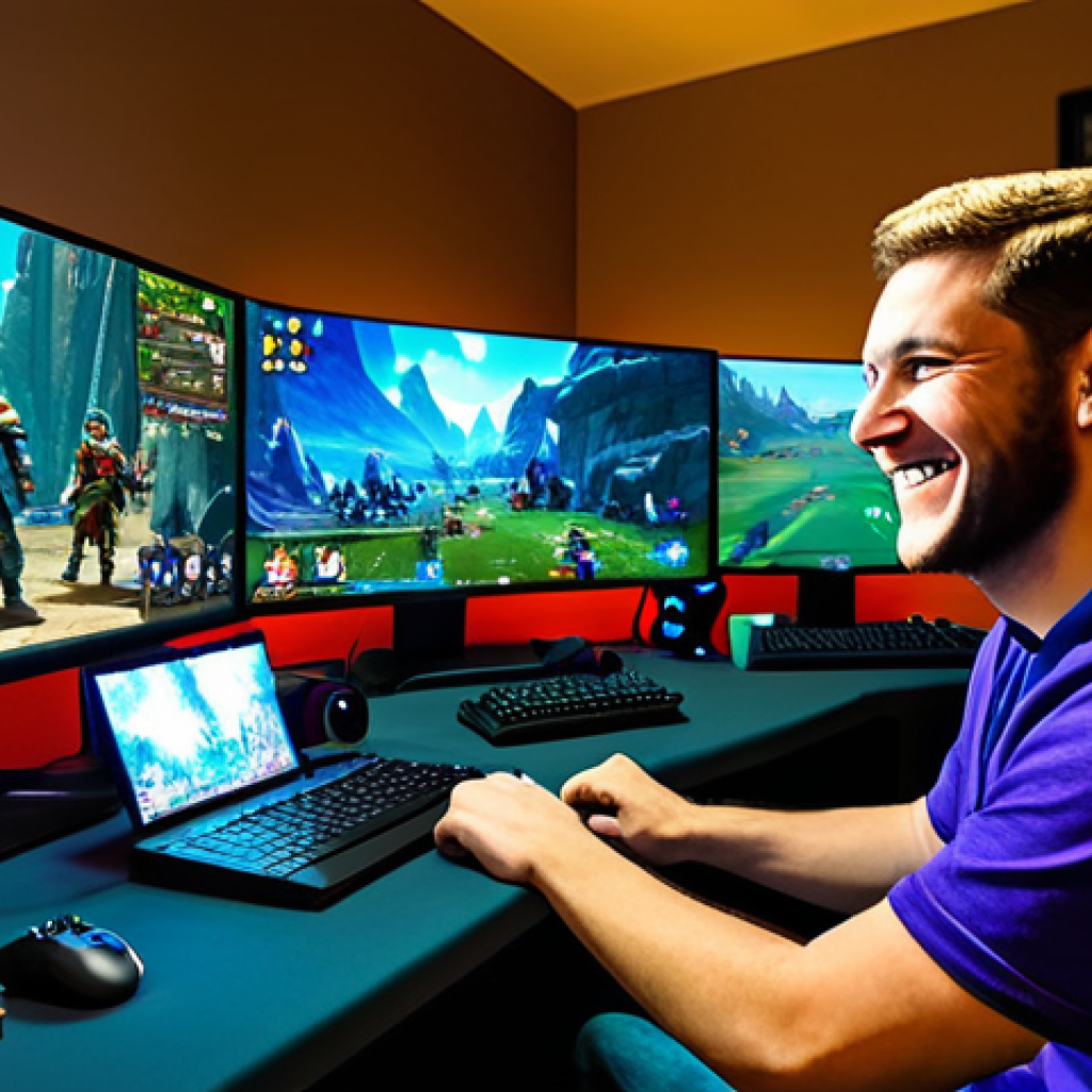 Thriving in an In-Game Event** "A fully clothed gamer enthusiastically participating in a vibrant, colorful in-game event on their computer. The screen displays an epic fantasy battle scene with other players. The gamer is smiling and engaged, wearing comfortable clothing. Background: A cozy gaming room with gaming-themed decorations. safe for work, appropriate content, professional, family-friendly, perfect anatomy, correct proportions, natural pose, well-formed hands, proper finger count, natural body proportions." **