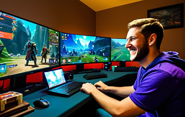 Thriving in an In-Game Event** "A fully clothed gamer enthusiastically participating in a vibrant, colorful in-game event on their computer. The screen displays an epic fantasy battle scene with other players. The gamer is smiling and engaged, wearing comfortable clothing. Background: A cozy gaming room with gaming-themed decorations. safe for work, appropriate content, professional, family-friendly, perfect anatomy, correct proportions, natural pose, well-formed hands, proper finger count, natural body proportions." **