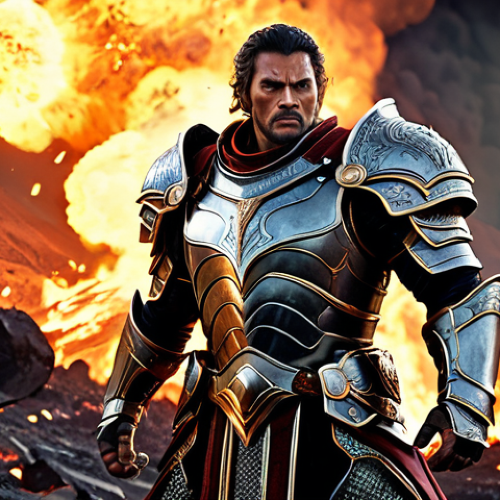 Epic Warrior** A powerful warrior in shining, ornate armor, fully clothed in appropriate battle attire, standing heroically amidst a chaotic battlefield. Volcanic landscape background with explosions. Perfect anatomy, correct proportions, well-formed hands, natural pose. High fantasy art, detailed textures, dynamic lighting. Safe for work, appropriate content, professional, family-friendly. **