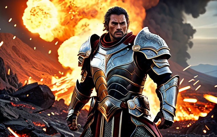 Epic Warrior** A powerful warrior in shining, ornate armor, fully clothed in appropriate battle attire, standing heroically amidst a chaotic battlefield. Volcanic landscape background with explosions. Perfect anatomy, correct proportions, well-formed hands, natural pose. High fantasy art, detailed textures, dynamic lighting. Safe for work, appropriate content, professional, family-friendly. **