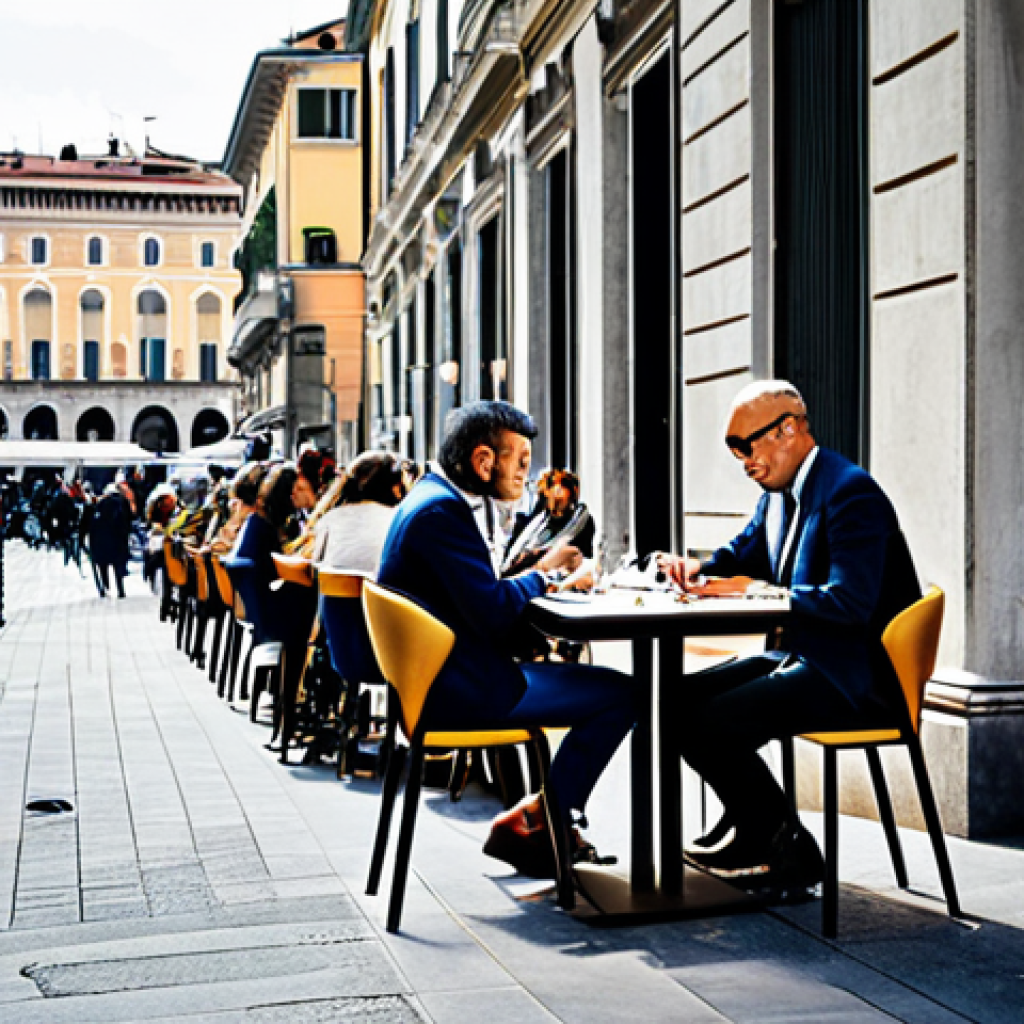 ** "A vibrant scene in Milan's fashion district during Milan Fashion Week. A stylish Italian fashion designer, fully clothed in a chic and modern outfit, is sketching designs at an outdoor cafe. The background showcases luxury boutiques and stylish pedestrians. Professional photography, high resolution, perfect anatomy, appropriate attire, safe for work, family-friendly, natural pose." **