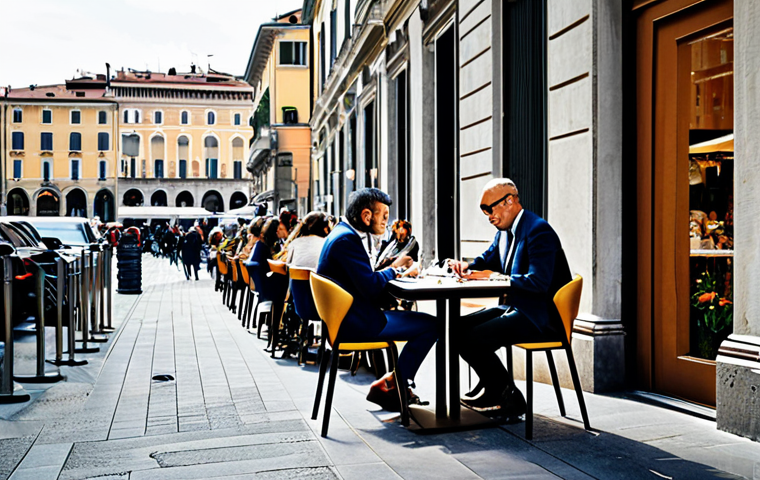 ** "A vibrant scene in Milan's fashion district during Milan Fashion Week. A stylish Italian fashion designer, fully clothed in a chic and modern outfit, is sketching designs at an outdoor cafe. The background showcases luxury boutiques and stylish pedestrians. Professional photography, high resolution, perfect anatomy, appropriate attire, safe for work, family-friendly, natural pose." **