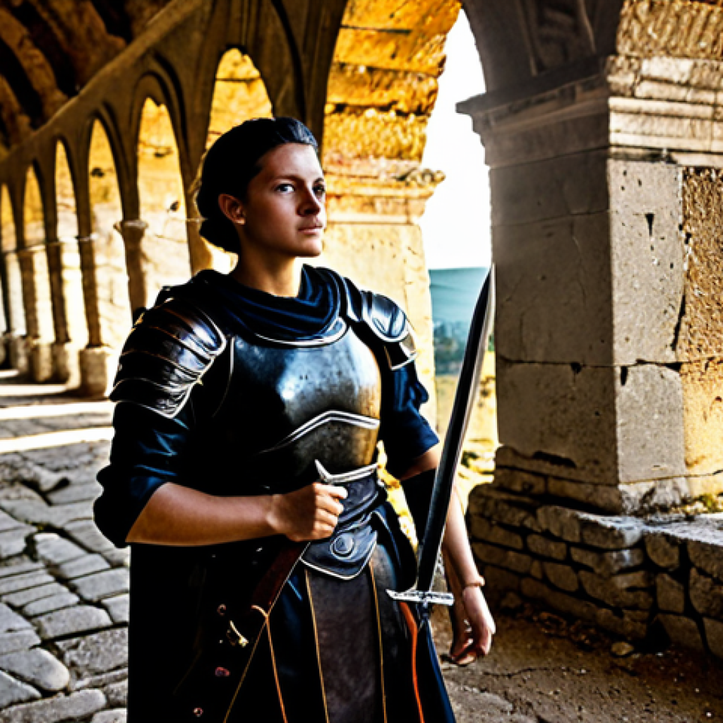 ** "A seasoned adventurer, fully clothed in practical leather armor, exploring an ancient Roman ruin in the Italian countryside, appropriate attire, safe for work, perfect anatomy, natural pose, dramatic lighting, professional quality, family-friendly. She holds a map and a worn sword, sunlight filtering through broken arches. Emphasis on the textures of the stone and leather." **