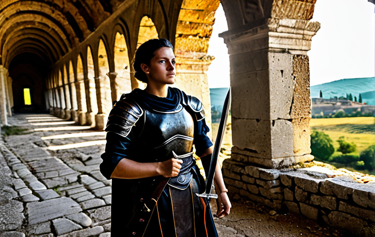 ** "A seasoned adventurer, fully clothed in practical leather armor, exploring an ancient Roman ruin in the Italian countryside, appropriate attire, safe for work, perfect anatomy, natural pose, dramatic lighting, professional quality, family-friendly. She holds a map and a worn sword, sunlight filtering through broken arches. Emphasis on the textures of the stone and leather." **