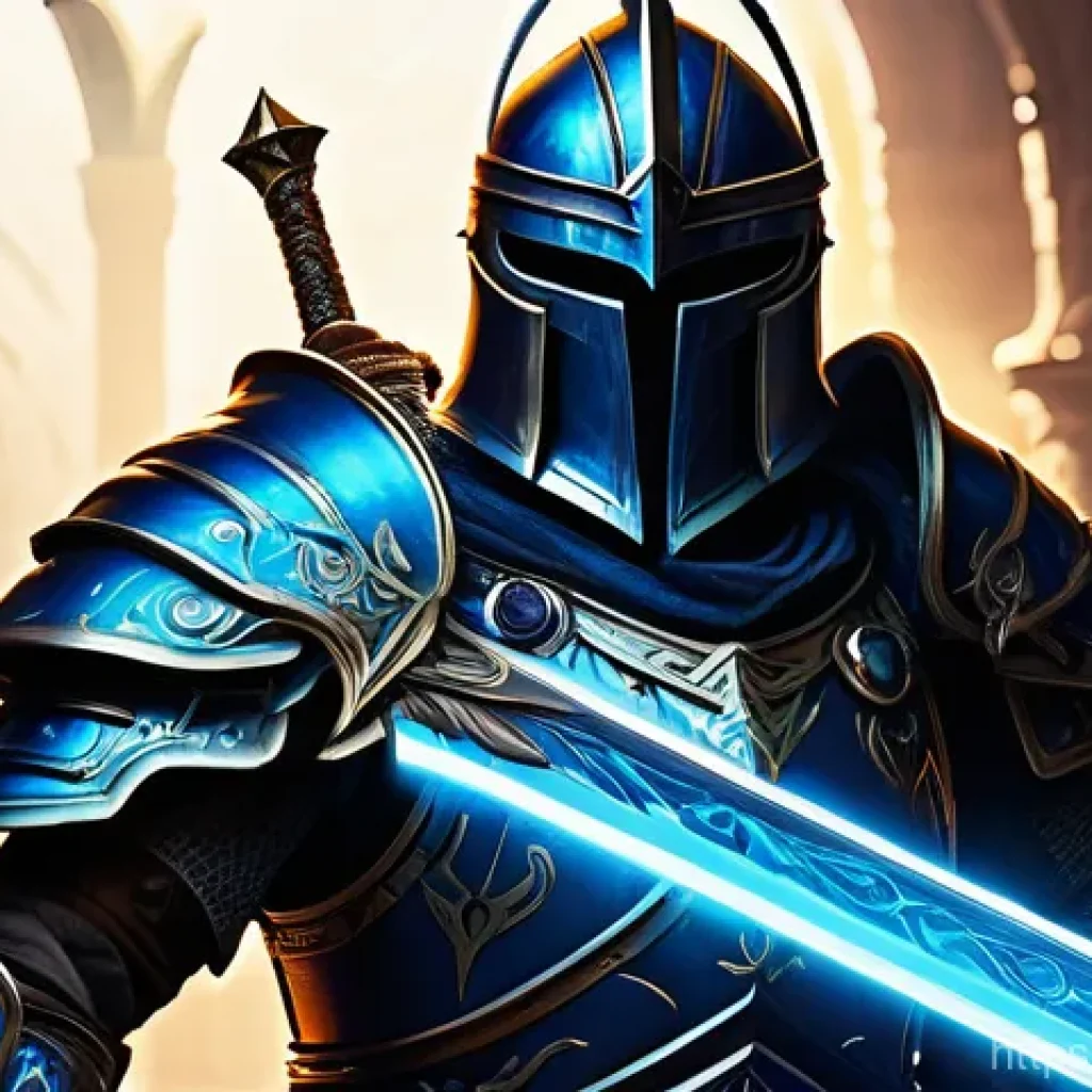 리니지 장비 업그레이드 재료 - **Prompt 1: The Apex of Enchantment** A triumphant, heavily armored male warrior, with a rugged ...