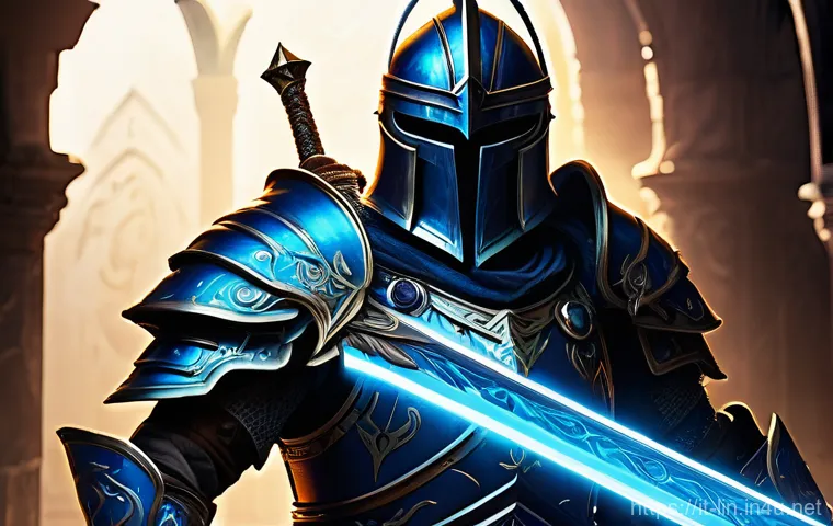 리니지 장비 업그레이드 재료 - **Prompt 1: The Apex of Enchantment** A triumphant, heavily armored male warrior, with a rugged ...