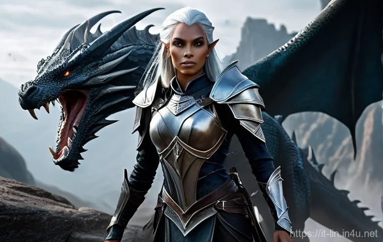 리니지 자주 묻는 질문 정리 - **A highly detailed, realistic fantasy image featuring a female Dark Elf Assassin in the rugged, anc...