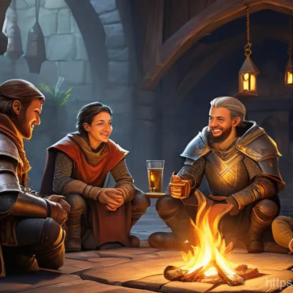 리니지 신규 혈맹 소개 - **Prompt 1: "The Guild's Hearth: A Family United"** A diverse group of fantasy adventurers, male...