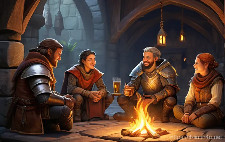 리니지 신규 혈맹 소개 - **Prompt 1: "The Guild's Hearth: A Family United"** A diverse group of fantasy adventurers, male...