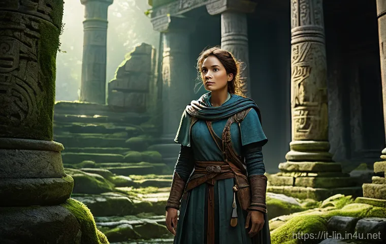 리니지 희귀 아이템 위치 - **Prompt 1: The Seeker in Forgotten Ruins** "A determined female adventurer, with a practical le...