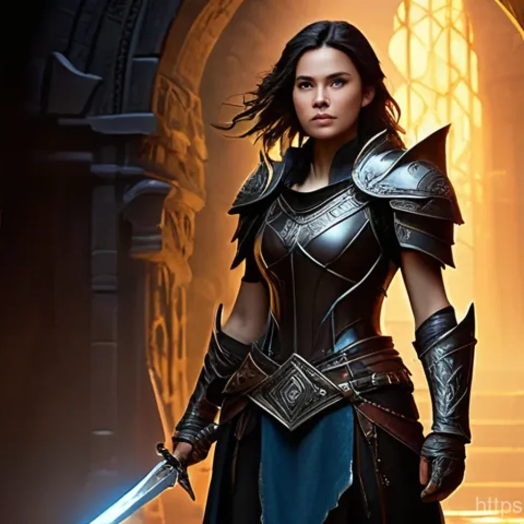리니지 캐릭터 생존 전략 - **Prompt:** A brave female adventurer, approximately 25 years old, stands heroically at the entrance...