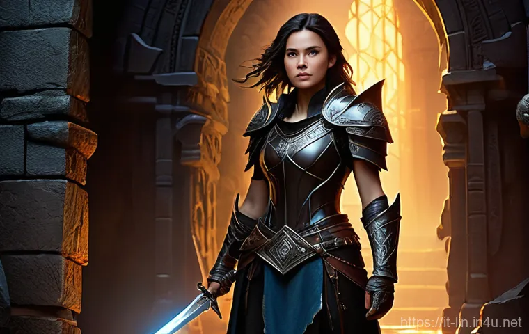 리니지 캐릭터 생존 전략 - **Prompt:** A brave female adventurer, approximately 25 years old, stands heroically at the entrance...