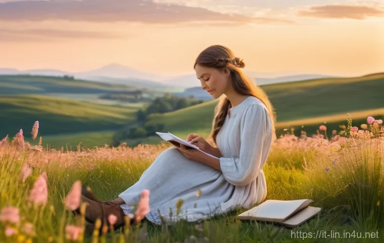 리니지 변신 장비 효과 - A serene, sun-drenched meadow at golden hour. A young woman, dressed in a loose-fitting, long-sleeve...