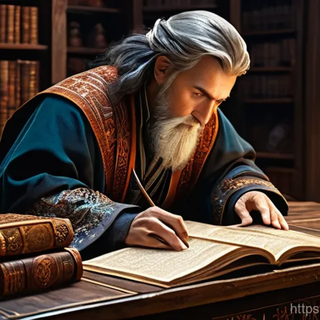 리니지 거래소 기능 심층 분석 - A focused and astute Lineage player, resembling a scholarly mage in intricate, modest robes, diligen...