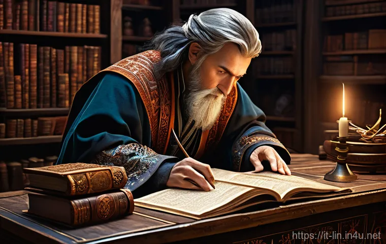 리니지 거래소 기능 심층 분석 - A focused and astute Lineage player, resembling a scholarly mage in intricate, modest robes, diligen...