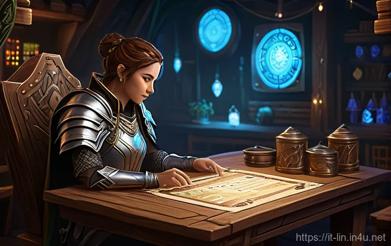 리니지 이벤트 보상 설명 - **Prompt:** A highly detailed digital painting depicting a focused and strategic MMORPG player in a ...