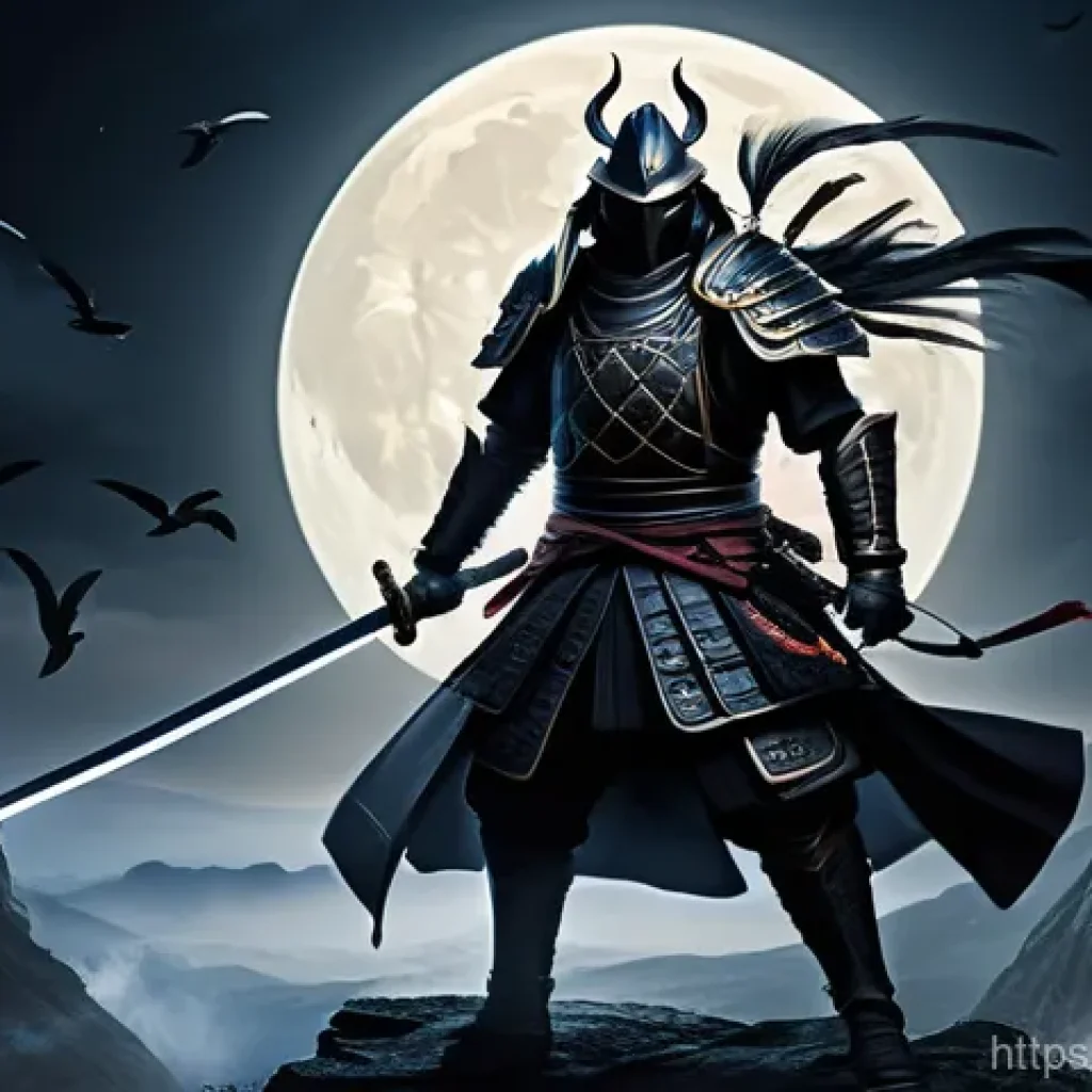 리니지 패치 노트 요약 - A dynamic full-body illustration of a male Samurai Crow warrior in a fantasy setting. He is depicted...