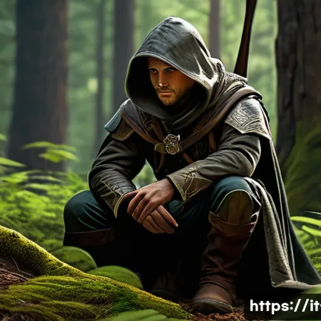 리니지 희귀 모드 사용법 - **Observant Wilderness Scout Discovering a Rare Opportunity:** A male human ranger, in practical...