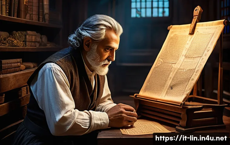 리니지 거래소 이해하기 - A wise and seasoned male merchant, in his 50s, with a weathered but intelligent face, is meticulousl...