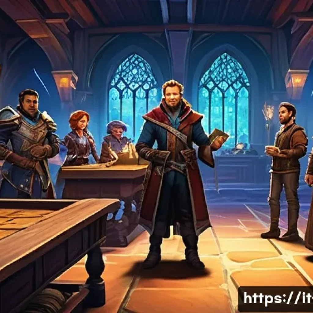 리니지 길드 활동 장려법 - **Prompt:** A vibrant, diverse guild common room bustling with activity. In the center, a group of f...