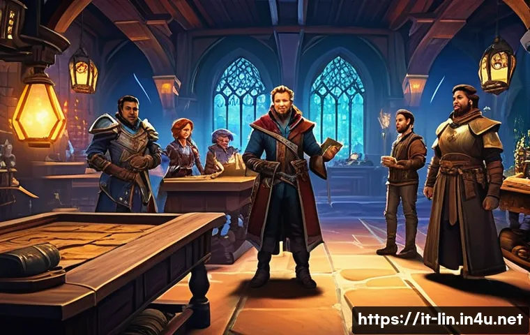 리니지 길드 활동 장려법 - **Prompt:** A vibrant, diverse guild common room bustling with activity. In the center, a group of f...