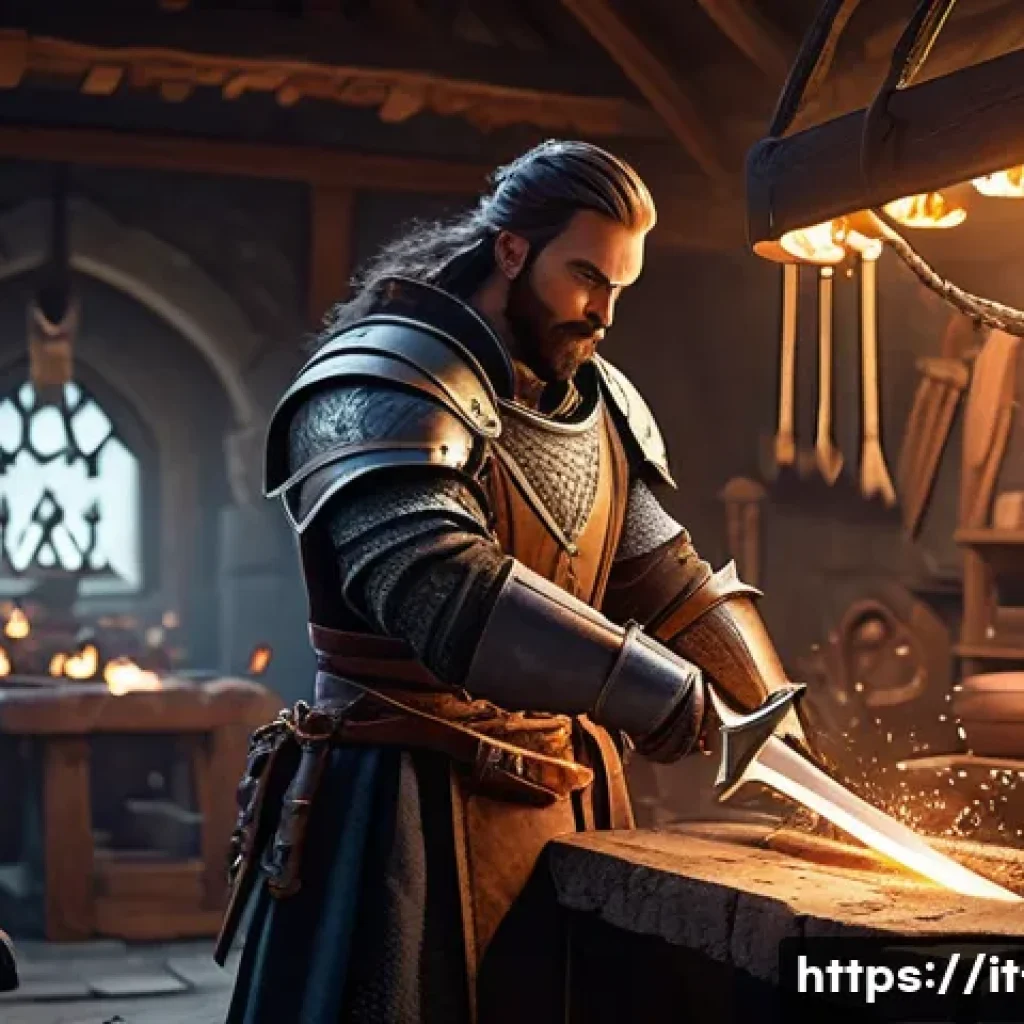 리니지 장비 업그레이드 공략 - A detailed fantasy RPG workshop scene showing a skilled blacksmith upgrading a glowing sword and a s...