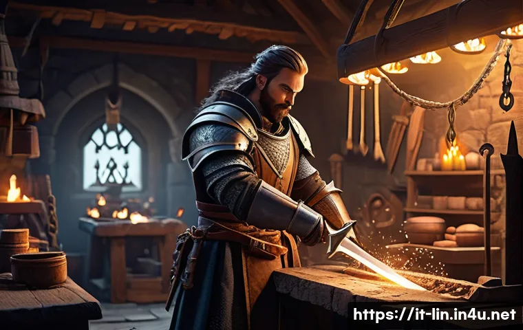 리니지 장비 업그레이드 공략 - A detailed fantasy RPG workshop scene showing a skilled blacksmith upgrading a glowing sword and a s...