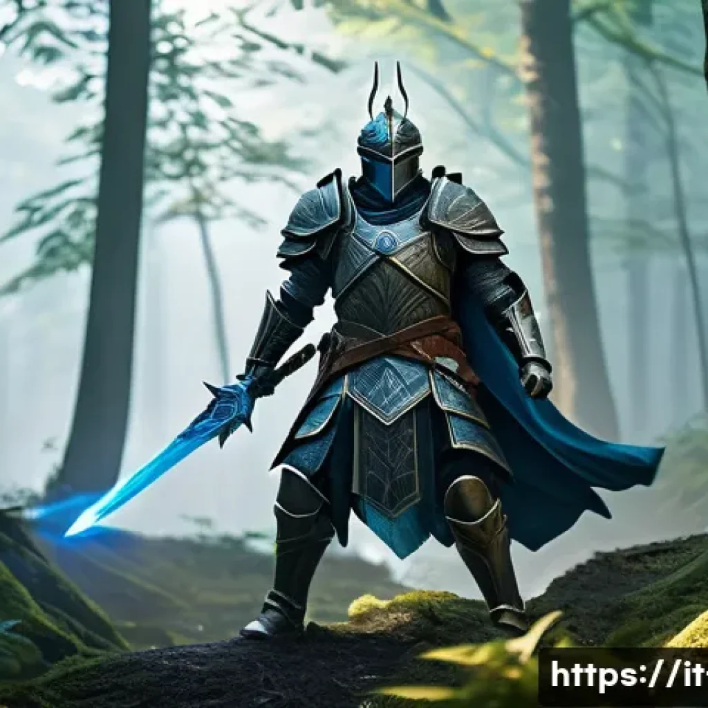 리니지 크리티컬 데미지 계산법 - A dynamic fantasy warrior character in detailed armor wielding a legendary sword, mid-action in a fo...