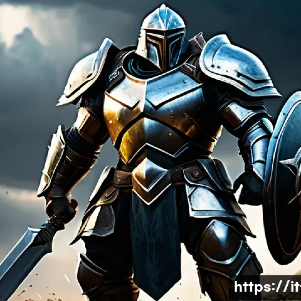 리니지 캐릭터 스탯 추천 - A fantasy RPG tank character standing strong on a battlefield, wearing heavy armor emphasizing const...