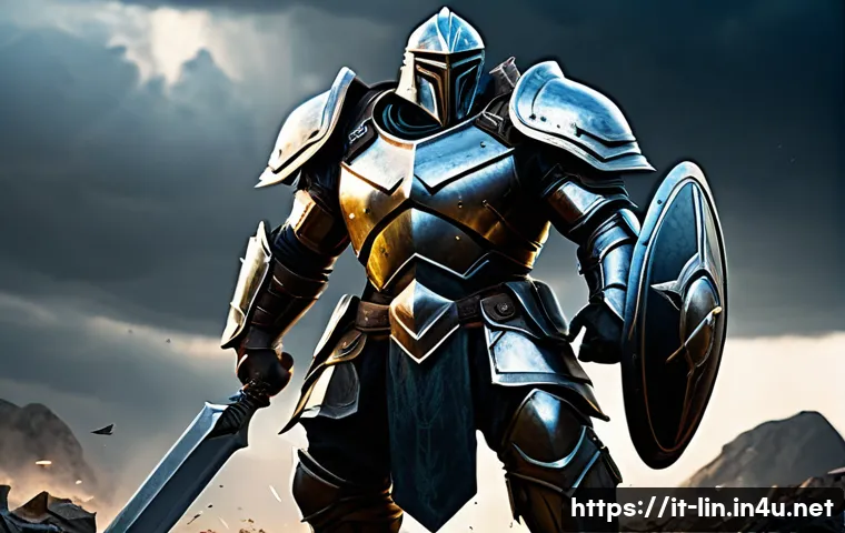 리니지 캐릭터 스탯 추천 - A fantasy RPG tank character standing strong on a battlefield, wearing heavy armor emphasizing const...