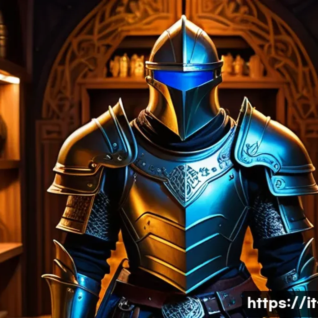 리니지 희귀 장비의 가치 평가 - A detailed fantasy RPG scene showcasing a rare, intricately designed armor set displayed on a manneq...