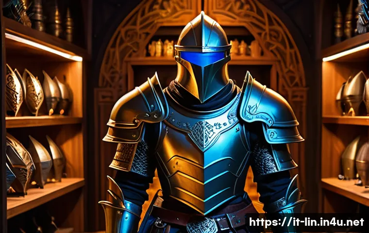 리니지 희귀 장비의 가치 평가 - A detailed fantasy RPG scene showcasing a rare, intricately designed armor set displayed on a manneq...