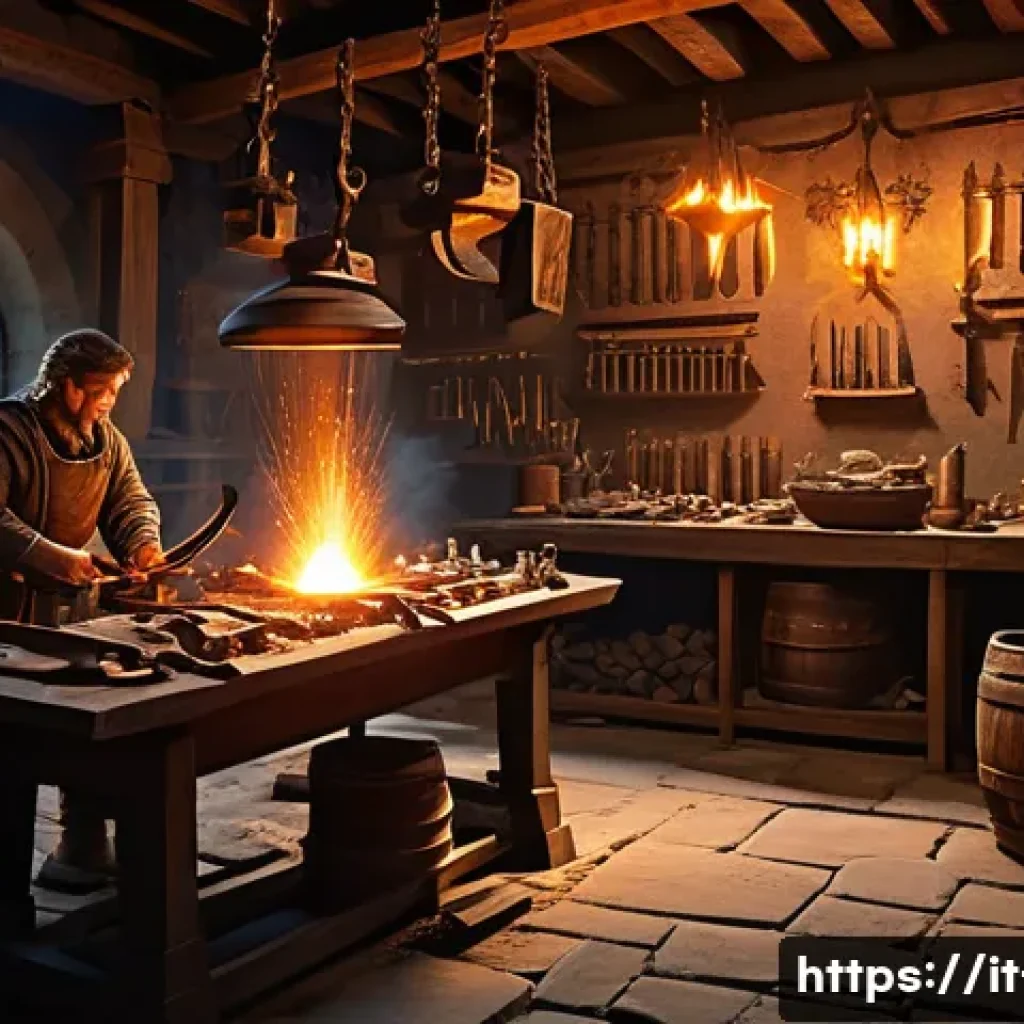 리니지 무기 제작 기본 - A detailed fantasy blacksmith forge scene featuring a master craftsman at a high-level crafting stat...